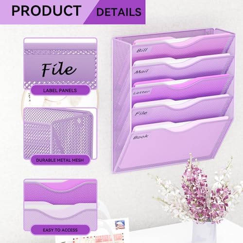 5 Pockets Hanging Wall File Organizer Mail Holder, Wall Mounted Paper Document Folder Holder, Clipboard Storage Organization Magazine Rack, Light Purple