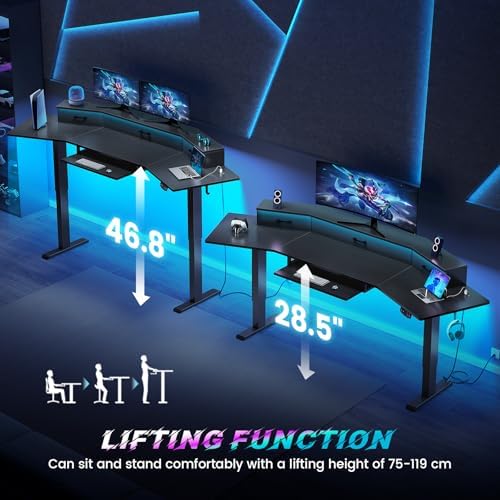 SEDETA 79'' Electric Standing Gaming Desk with Drawers and Led Lights, Height Adjustable Computer Desk with Power Outlet, Keyboard Tray for Home Office, Workstation, Stand up Gaming Table, Black