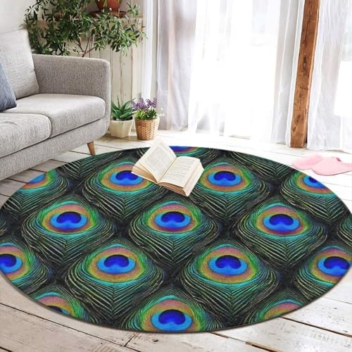 Large Home Decor Mat, Soft Round Yoga Carpet, Non Slip Machine Washable Kitchen Office Circle Rug Peacock Feathers