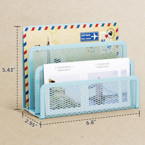 Marbrasse Mail Organizer for Desk, 3-Slot Mesh Metal Mail Holder countertop, Letter Holder, Office Desktop Envelope and Document Storage Rack (Blue)