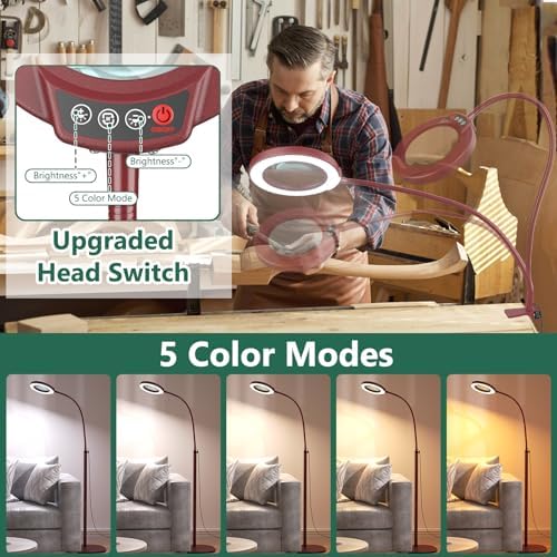 15X Magnifying Glass with Light and Stand, Optical Grade Real Glass Lens, 5 Color Modes, Stepless Dimmable, 24" Flexible Gooseneck 3-in-1 Floor Lamp, LED Lighted Magnifier Hands Free for Hobby - Red
