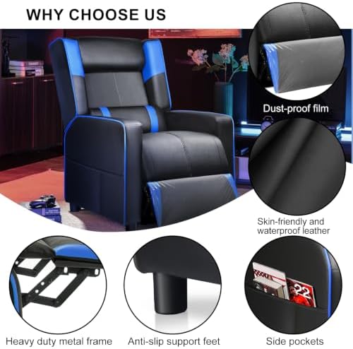LUCKRACER Gaming Recliner Chair for Living Room Racing Style Single PU Leather Gaming Sofa for Adults Modern Game Recliners Ergonomic Comfortable Home Theater Seating, Blue