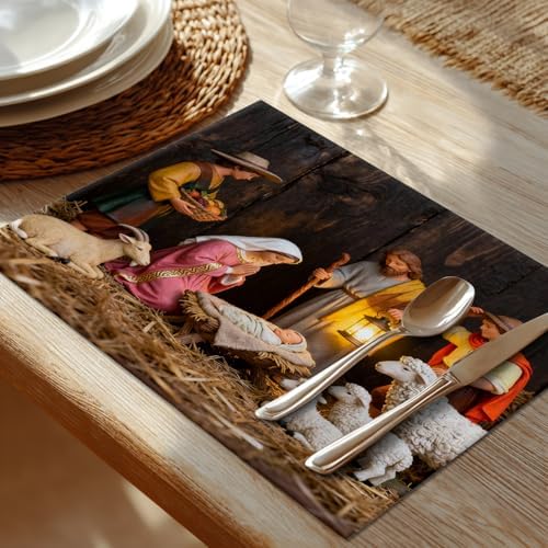 Shrahala Brown Christmas Christian Church Set of 6 12 X 18 Inch Linen Placemats, Brown Light Baby Burlap Table Mat Washable Double Layered Heat Insulation for Indoor/Outdoor