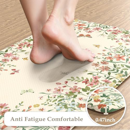 KIMODE Anti Fatigue Kitchen Mats for Floor 2 Pc, Floral Kitchen Rugs Beige