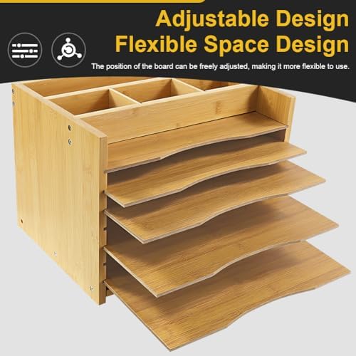 WKWKER 5-Tiers Bamboo File Organizer Paper Organizer Mail Sorter Document Letter Trays Desk Organizer with 4 Dividers for Office Home Study Desk Storage (Natural Color)