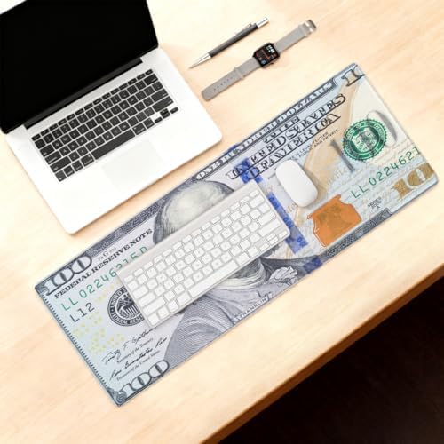 Large Mouse Pad Money 100 Dollar Bill Non-Slip Rubber Long Gaming Desk Mat Big Computer Keyboard Mousepad Waterproof Protector Wristing Pad for Gaming Office Home Decorative 31.5 X 11.8 Inch