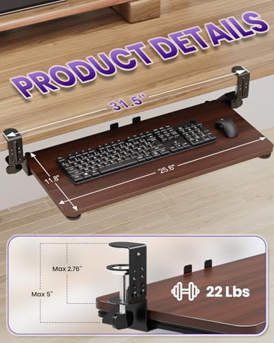 Ergonomic Keyboard Tray Under Desk, 25.6x11.8 Inch Board, Walnut