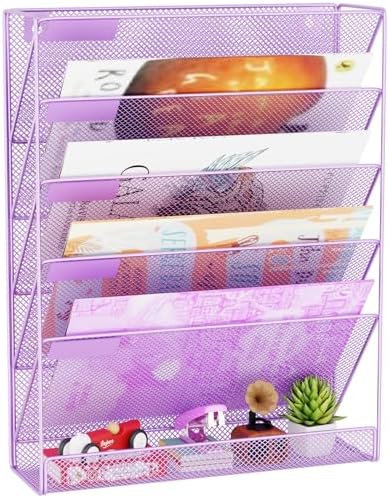 Wall File Organizer Holder Mesh Hanging Paper Document Holder, Vertical 6 Pocket Tier for Office Home, Light Purple