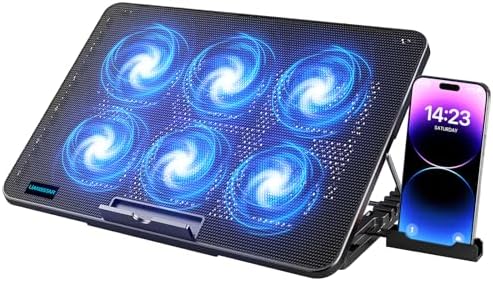 LIANGSTAR Laptop Cooling Pad, Laptop Cooler with 6 Quiet Fans for 12-17 Inch Notebook Gaming Fan Stable Stand, 7 Height & Wind Speed Adjustable, 2 USB Port & Phone Holder (Black)