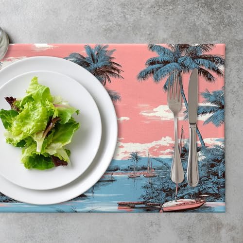 Beach Vacation Seaside Relaxation Linen Placemats, Palm Lined Shore Nautical Charm Table Mats for Table Washable Heat Insulation Thick Dining Mat, Indoor/Outdoor 12X18 in 6 Pcs