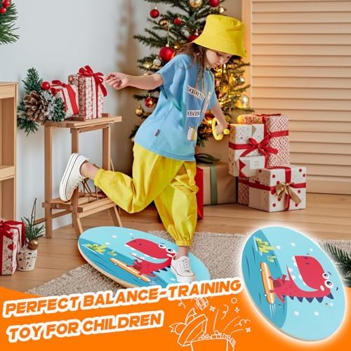Balance Board for Kids, Wooden Wobble Rocker Board for Children, Capable of Bearing 123LB, Durable for Balance Training, Core Strength and Active Play, Bright Blue Monkey Pattern
