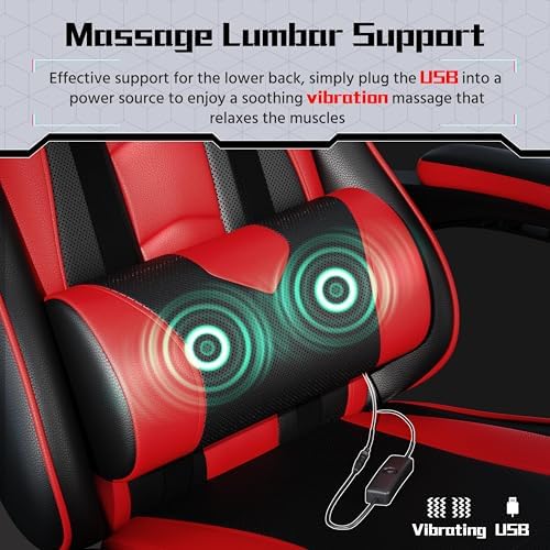 Yaheetech Gaming Chair with Massage Lumbar Pillow High Back Reclining Red