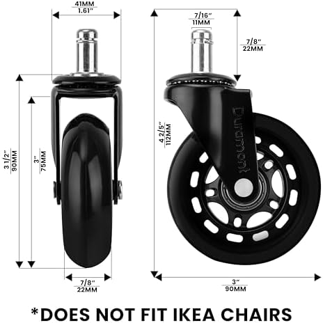 Office Chair Wheels - Set of 5 Rollerblade-Style Caster Wheels, Smooth & Quiet Rolling, Protects Hardwood Floors & Carpets, Universal Fit, Durable and Long-Lasting - Black