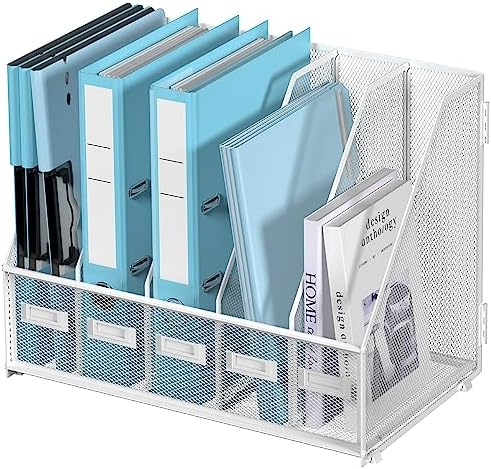 SUPEASY Desk Organizers Metal Desk Magazine File Holder with 5 Vertical Compartments Rack File Organizer for Office Desktop, Classroom, Home Workspace, White Plus
