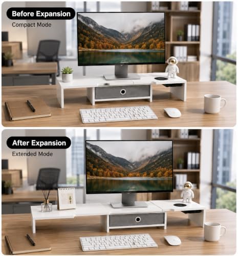 LAPTAIN Dual Monitor Stand Riser with Drawer, Adjustable Desk Organizer