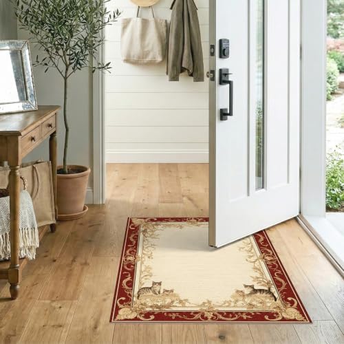 2'x3' Ivory Cat Crimson Motif with Swirls Washable Throw Rug