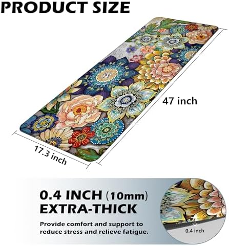 Floral Kitchen Runner Rug Mat for Floor Boho Cushioned Anti-Fatigue Mat Non-Slip Standing Desk Waterproof Comfort Floor Mat for Sink, Office, Laundry, 17.3x47 Inch