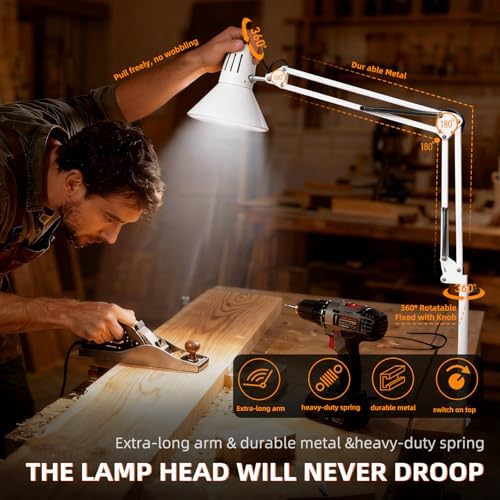 COOSPIDER White Dimmable Desk Lamp with Clamp, Adjustable Swing Arm, 2 Pack