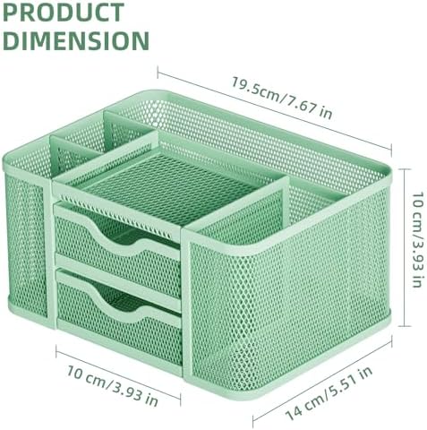 Marbrasse Mesh Desk Organizer, Pen Organizer with 2 Drawer, Multi-Functional Pencil Holder, Desk Organizers and Accessories with 5 Compartments + Drawer for Office Art Supplies (Green)