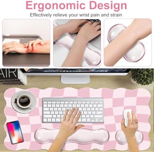 L-SPOUTTO Pink Checkered Mouse Pad Set,Scalloped Pastel XXL Desk Mat Set