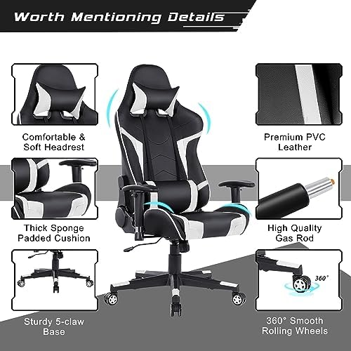 DORTALA Ergonomic Gaming Chair, High-Back Racing Chair w/Massage Lumbar Support, Extra Power Bank Pocket, 360° Swivel, Adjustable Backrest & Armrest, for Office, Game Room (White)
