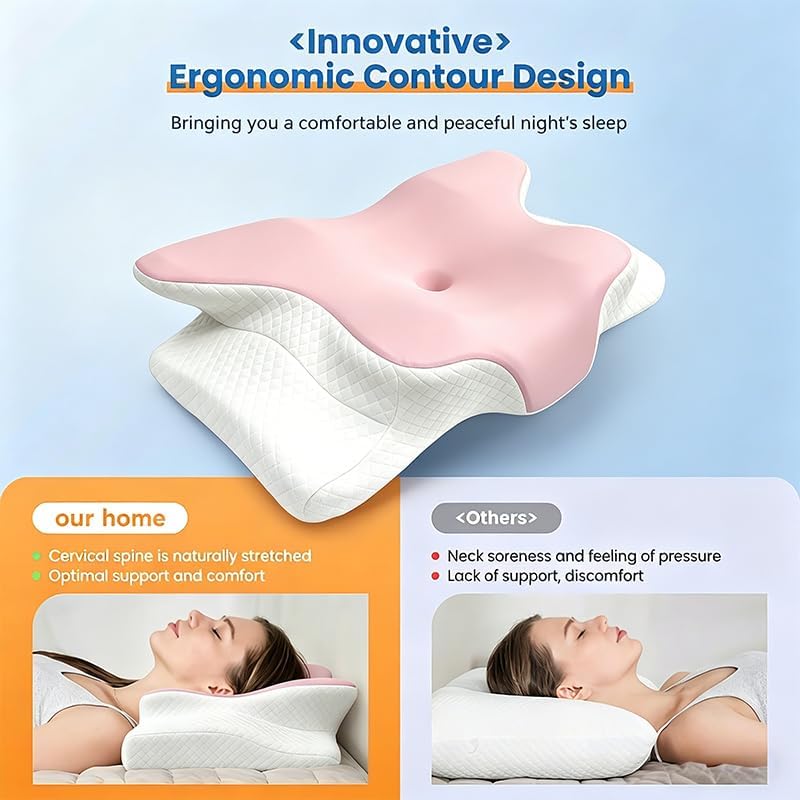 Cooling Neck Support Pillow, Adjustable Cervical Memory Foam for Pain Relief, Odorless Ergonomic Orthopedic Bed Pillows for Side Back Stomach Sleepers, Cozy Sleeping (Pink)