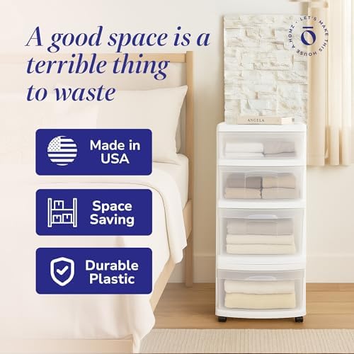 HOMZ Drawer Tower, 4-Tier Storage Cart with Removable Wheels, White Frame