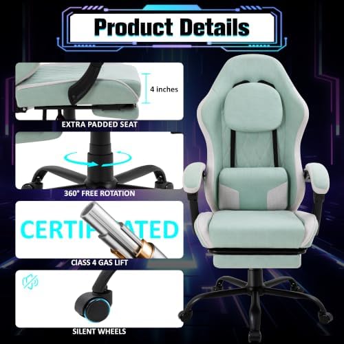 Gaming Chair with Footrest, Ergonomic Fabric Desk Chair,Green