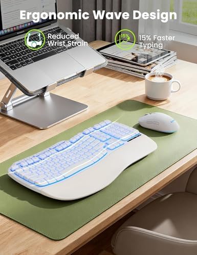 SABLUTE White Wireless Keyboard and Mouse Combo, Light up Ergonomic Keyboard Set, 2.4G Full Size Ergo Wave Key Board with Cushioned Plam Rest, Silent Mouse, for Computer/Laptop/Windows/Mac