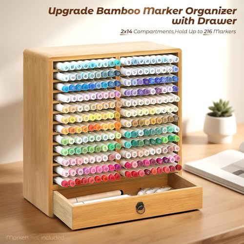 Marker Organizer, 24 Slots Wooden Storage for Up to 216 Markers with Drawer