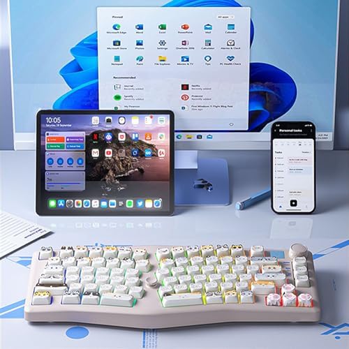 A75 Alice-Layout Mechanical Keyboard with Rocker and Knob,Hot Swappable Triple Mode Gaming Keyboard with Cute Cat Keycaps for Win/Mac,Gasket,RGB Backlight,4000mAh Battery (Moonlight White)