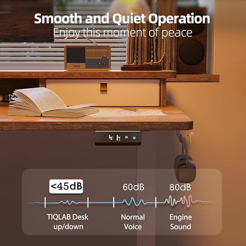 TIQLAB Standing Desk with Two Drawers, Stand Up Standing Desk Adjustable Height, Electric Sit Stand Table with Storage Shelf and Splice Board, 55 * 24 inch, Maple