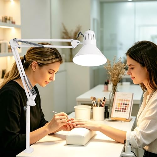 White Desk Lamp with Clamp, Extra-Tall Adjustable Metal Swing Arm, 3000K