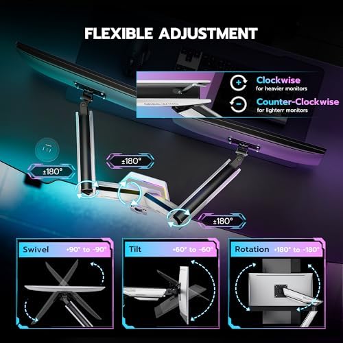 ARES WING RGB Dual Monitor Arm Desk Mount for 17-38 inch Monitors, Grey