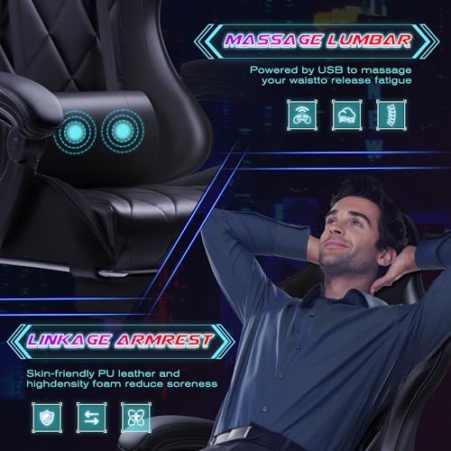 Shahoo Gaming Chair with Footrest and Massage Lumbar Support, Computer Game Chairs Ergonomic Office Seat Height Adjustable with Headrest, Black