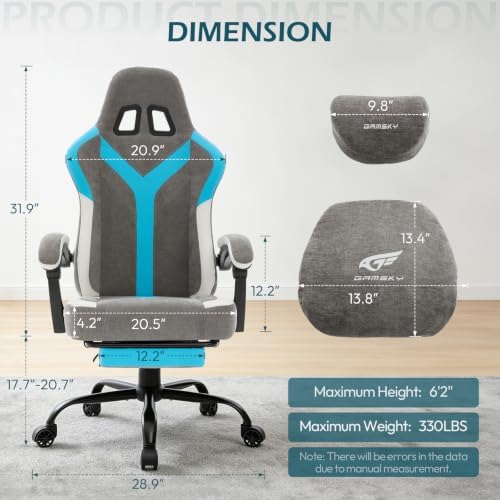 Ergonomic Gaming Chair for Adults - Comfortable Office Computer Chair with 20.5” Wide Seat, Adjustable Video Game Chair with Footrest and Lumbar Support for Home Office, Grey Blue