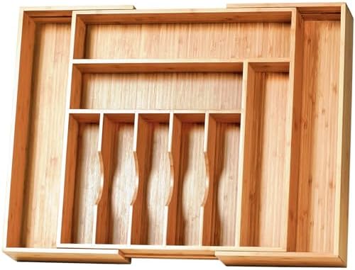 Umilife Extra Large Expandable Kitchen Siverware Utensils Drawer Organizer, 19" Deep for Big Drawer, Adjustable Bamboo Wood Drawer Divider with Curved Grooves, Cutlery Tray Flatware Holder