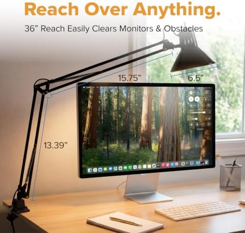 Bostitch Office VLF100 LED Swing Arm Desk Lamp with Clamp Mount, 36" Reach, Includes LED Bulb,Black