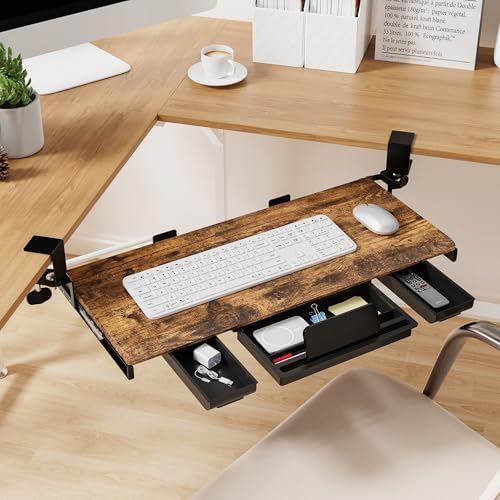 ETHU Corner Keyboard Tray Under Desk with Metal Rail, 26.8x11.8", Walnut