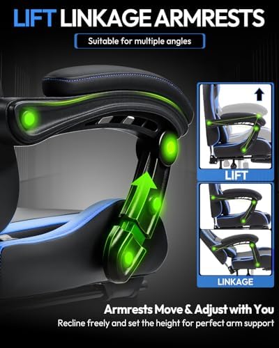 Dowinx Ergonomic Gaming Chair with Footrest & Massage Lumbar, 2D-Linkage Armrests for Computer Chair 330lbs with Headrest Pillow for Office, Home, Streaming and Long Gaming Sessions, Blue