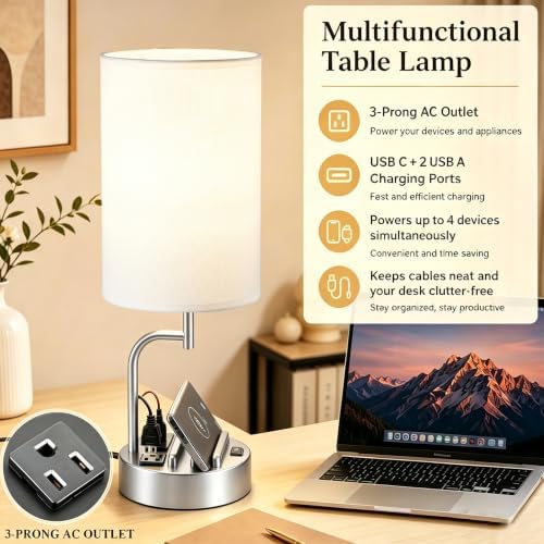 Dreamholder 2 Pack Table Lamp, Bedside Lamp with 3 USB Charging Ports & AC Outlet, USB Desk Lamp with 2 Phone Holders, Linen Fabric Shade Nightstand Lamps for Bedroom Living Room Office, Silver