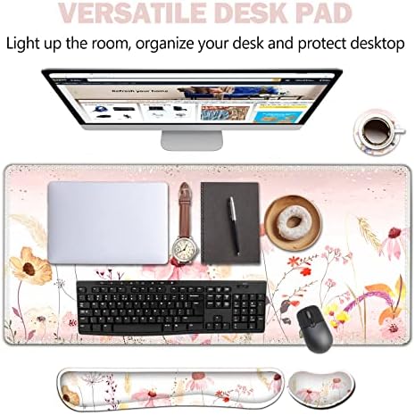 AIMSA Keyboard Mouse Pad Wrist Rest, Extended Gaming Mouse Pad +Wrist Support, Ergonomic Memory Foam,XXL Large Mousepad Easy Typing Pain Relief, 4Pcs (35×15.7 in) Desk Mat, Pink Flowers