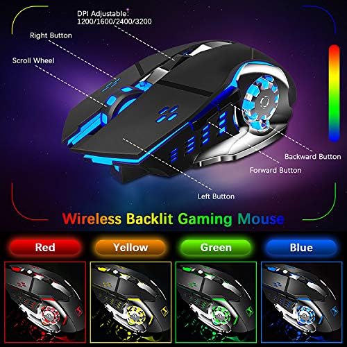 Wireless Gaming Keyboard and Mouse,Rainbow Backlit Rechargeable Keyboard Mouse with 3800mAh Battery Metal Panel,Removable Hand Rest Mechanical Feel Keyboard and 7 Color Gaming Mute Mice for PC Gamers
