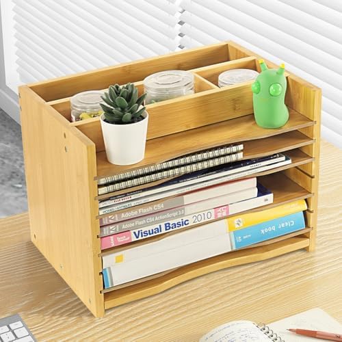 WKWKER 5-Tiers Bamboo File Organizer Paper Organizer Mail Sorter Document Letter Trays Desk Organizer with 4 Dividers for Office Home Study Desk Storage (Natural Color)