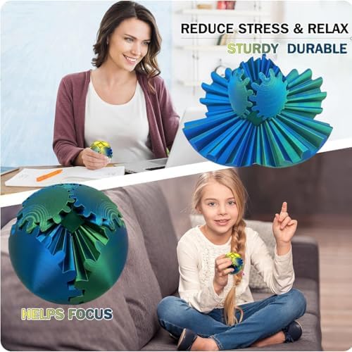 Gear Ball 3D Printed Spin Ball Cube Fidget Toys, Gear Sphere Fidget Toy, GearSphere Desk Toy Stress Fidget Balls, Fidgets Spinners for Adults & Kids Anxiety Relaxing (Laser Green Blue, 2.3 Inch)