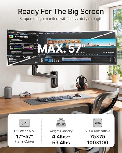 monTEK Single Monitor Wall Mount, 17–57" Gas Spring Arm, Heavy Duty, Black