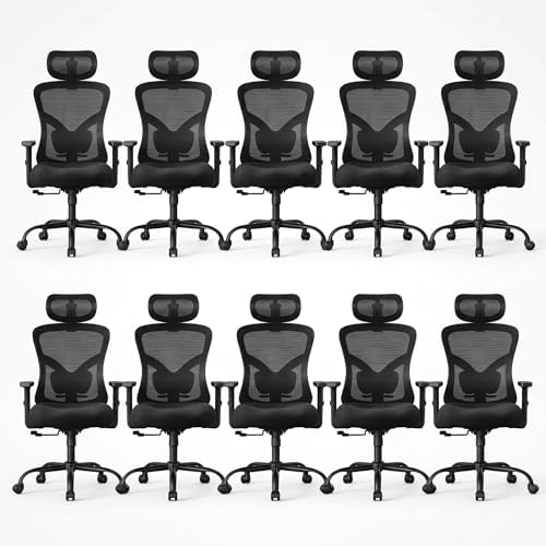 NOBLEWELL Ergonomic Office Chair with Padded Lumbar Support, 2D Headrest, Adjustable Armrests, Upgraded Contoured Seat Cushion, 130° Rocking Tilt, Computer Gaming Chair for Home Office, Pack of 10