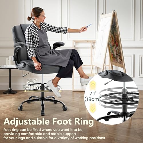 Drafting Chair 500Lbs, Tall Office Chair for Standing Desk, High PU Leather Executive Office Chair with Flip-up Armrests, Ergonomic High Chair with Adjustable Foot Ring, Comfy Stool Chairs, Black