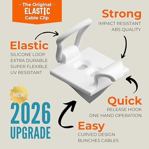 [Made in the UK] 10-Pack Adjustable Elastic Adhesive Cable Clips, Wire Management Holder, Cord Organizer for Home Office, Under Desk, Behind TV, Phone Charger, Laptop, PC, HDMI, USB (White)