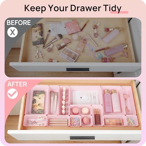 Vtopmart 44 PCS Plastic Drawer Organizers Set, Vanity Organizer Trays, Pink